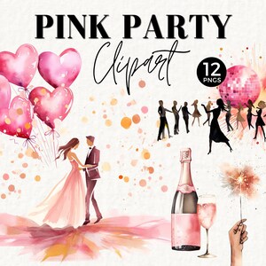 Valentijnsfeest en champagne clipart, roze feest, discobal, dansend silhouet, vrijgezellenfeest, Girls Night, commercieel gebruik, 060SS