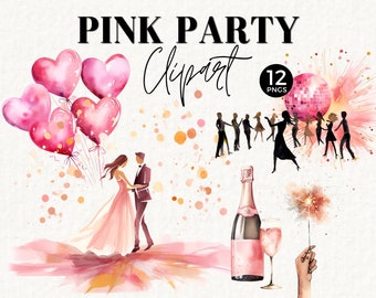 Valentine Party and Champagne Clipart, Pink Celebration, Disco Ball, Dancing Silhouette, Bridal Shower, Girls Night, Commercial Use, 060SS