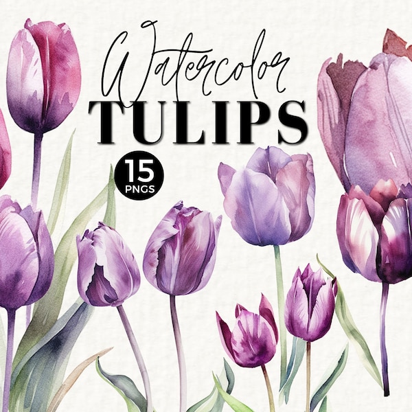 Tulip Floral Clipart Watercolor Flowers, Commercial Use, Purple Clip Art, Wedding Stationery, PNG, Bouquet, Bridal Shower, 025SS