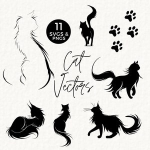 Puede incluir: Un conjunto de 11 ilustraciones vectoriales de siluetas de gatos en blanco y negro. Las ilustraciones incluyen gatos en varias poses, incluyendo sentados, de pie y caminando. El conjunto también incluye tres huellas de patas.