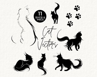 Whimsical Cat SVG Clipart, Cat Scratch SVG File, Vector, Silhouette, Long Hair, Black Cat, Kitty, Elegant, Minimal, Transparent PNG, 071SS