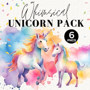 Rainbow Watercolor Unicorn Clipart, Commercial Use, Girls Birthday Party, PNG Bundle, Magic Unicorn Graphics, Rainbow, JJ ephemera, 058SS
