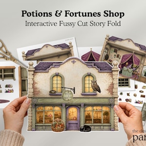 May include: A paper craft kit titled Potions & Fortunes Shop Interactive Fussy Cut Story Fold, featuring printed sheets with a shop facade, interior room scenes, miniature furniture, and accessories like bottles, an owl, and a cat.