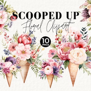 Clipart nuptiale de douche, fleurs dans un cornet de crème glacée, EVJF, fleurs de printemps, pivoines, bouquet de mariage PNG, 052SS