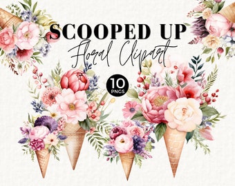 Scooped Up Bridal Shower Clipart, Florals in Ice-Cream Cone, Bachelorette Party, Spring Flowers, Peonies, Wedding Bouquet PNG, 052SS