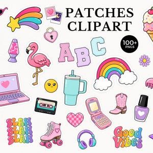 Può includere: Una collezione di toppe e clipart colorate in stile cartone animato. Include un arcobaleno, un fenicottero, un laptop, un gelato, un pattino a rotelle e altri disegni divertenti. È presente anche il testo "PATCHES CLIPART" e "100+ PNGS".