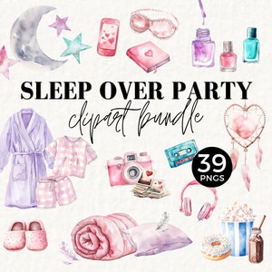 Clipart invito spa e pigiama party, 11° compleanno sonno su tema, luna e stelle, coccole, abito, pantofole, pigiami, weekend per ragazze, 069SS