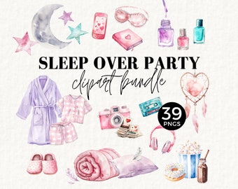 May include: A watercolor illustration set of 39 sleep over party clipart images. The set includes a robe, pajamas, a camera, a cassette tape, a dream catcher, a donut, popcorn, a blanket, a pillow, a pair of slippers, a phone, a nail polish bottle, a sleep mask, a journal, and more.