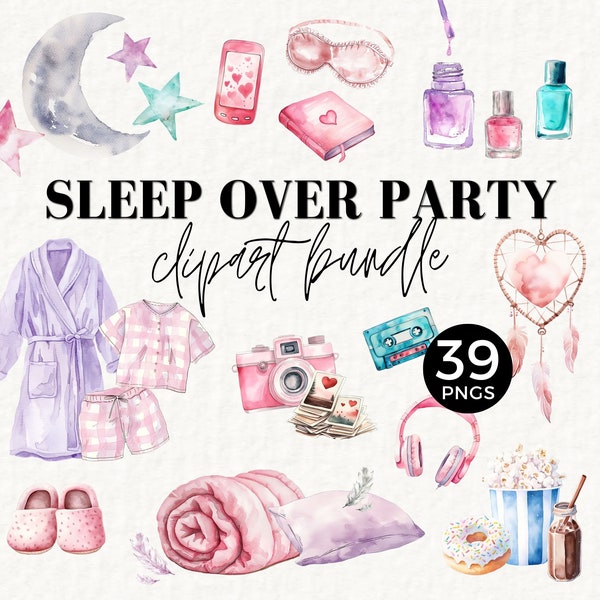 Clipart d'invitation à une soirée spa et pyjama, 11e anniversaire sommeil sur le thème, lune et étoiles, choyer, robe, chaussons, pyjamas, week-end filles, 069SS