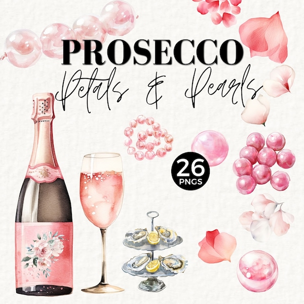 Bridal Shower Pearls and Prosecco Party Clipart, Petals, Jewellery PNG, INSTANT DOWNLOAD, Commercial Use, Champagne, Pink Rose, 030SS