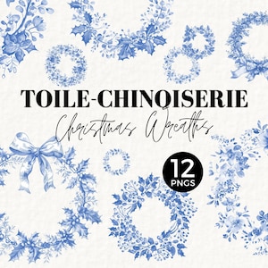 Christmas Wreath Toile Clipart, Vintage Chinoiserie Floral PNG, Xmas Botanical Wreaths, Gift Tag Graphic, Borders for Wedding Invites, 077SS
