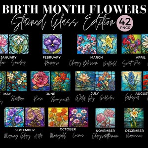 Fleurs du mois de naissance, Clipart vitrail, carré 42 PNG, papier peint pour verre, sublimation, faux vitrail, pour usage commercial, 026SS