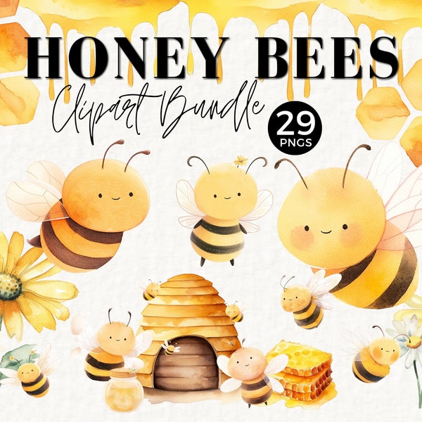 Honey Bee Watercolor Clipart Bundle, Instant Download, Cute Bee Stickers PNG, Sublimation, Tumbler Wrap, Baby Shower, Nursery Decor, 034SS