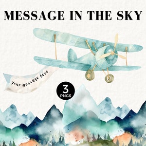 Blaues Luftfahrt Clipart, Vintage Aquarell Flugzeug mit Banner, Junge Babyparty, Kinderzimmer Wandkunst, Fliegen, Spielzeugflugzeug PNG, Pilot, 067SS