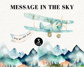 Blue Aviation Clipart, Vintage Watercolor Plane with Banner, Boy Baby Shower, Nursery Wall Art, Flying, Toy Airplane PNG, Pilot, 067SS