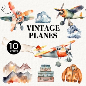 Aviation Clipart, Vintage Watercolor Planes, Boy Baby Shower, Nursery Wall Art, Flying Clip art, Toy Airplane PNG, Pilot, Clouds, 067SS