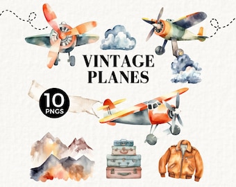 Luftfahrt Clipart, Vintage Aquarell Flugzeuge, Junge Babyparty, Kinderzimmer Wandkunst, Fliegen Clip Art, Spielzeugflugzeug PNG, Pilot, Wolken, 067SS