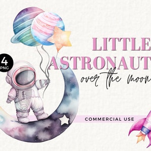 Clipart petit astronaute, rose, aquarelle, ballons planète, pour sticker mural astronaute, invitation anniversaire sur le thème de l'espace, espace, 032SS