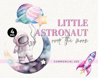 Little Astronaut Clipart, Pink, Watercolor, Planet Balloons, for Astronaut Wall Decal, Space Themed Birthday Invite, Outer Space, 032SS