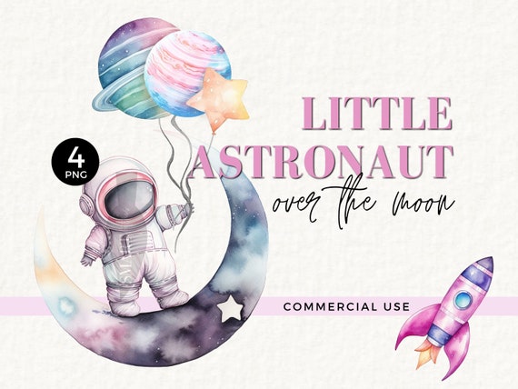 Little Astronaut Clipart, Pink, Watercolor, Planet Balloons, for Astronaut Wall Decal, Space Themed Birthday Invite, Outer Space, 032SS