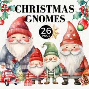 Pacchetto PNG gnomo natalizio, camion rosso, agrifoglio, clipart natalizia carina, uso commerciale per, sublimazione, etichette regalo, cartoline di Natale, 044SS