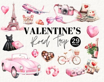 Valentine's Road Trip Clipart, Paris, Vintage, Scrapbook Junk Journal, Pink Summer Vacation, European, Travel Clip Art, Retro Bicycle, 060SS