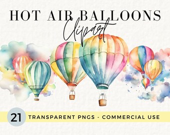 Mongolfiera Clipart Acquerello, 21 PNG trasparenti, POD per uso commerciale, Arte stampabile per l'asilo nido, Clipart per baby shower, Pastelli, 011SS