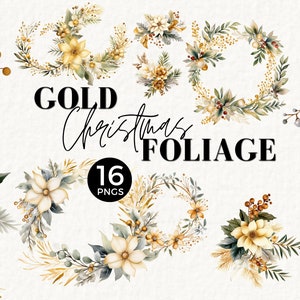 Pacote de clipart de guirlanda de Natal Boho, buquês de aquarela PNG, elegante, clássico, folhagem de molduras de Natal, buquês, uso comercial, 047SS