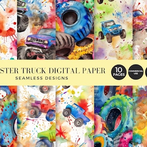 Monstertruck Digitales Papier 10er-Pack, nahtlos, kommerzielle Nutzung, Verwendung für Geburtstagsfeier einlädt, Scrapbooking, Printables, Tumbler Wrap 002SS