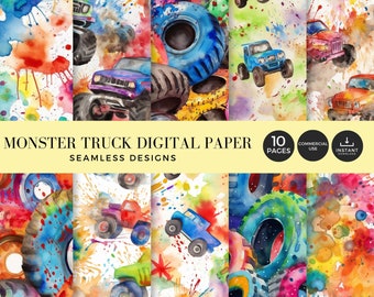 Monster Truck Digital Paper 10 Pack, Seamless, Commercial Use, Use for Birthday Party Invites, Scrapbooking, Printables, Tumbler Wrap 002SS