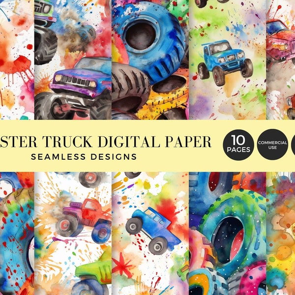 Monster Truck Digital Paper 10 Pack, Seamless, Commercial Use, Use for Birthday Party Invites, Scrapbooking, Printables, Tumbler Wrap 002SS