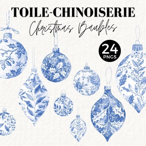 Weihnachten Toile Clipart, blaue Chinoiserie Kugeln, Urlaub Illustration, Vintage Französisch, Weihnachten Ornament Grafiken, JJ PNG für Ephemera, 077SS