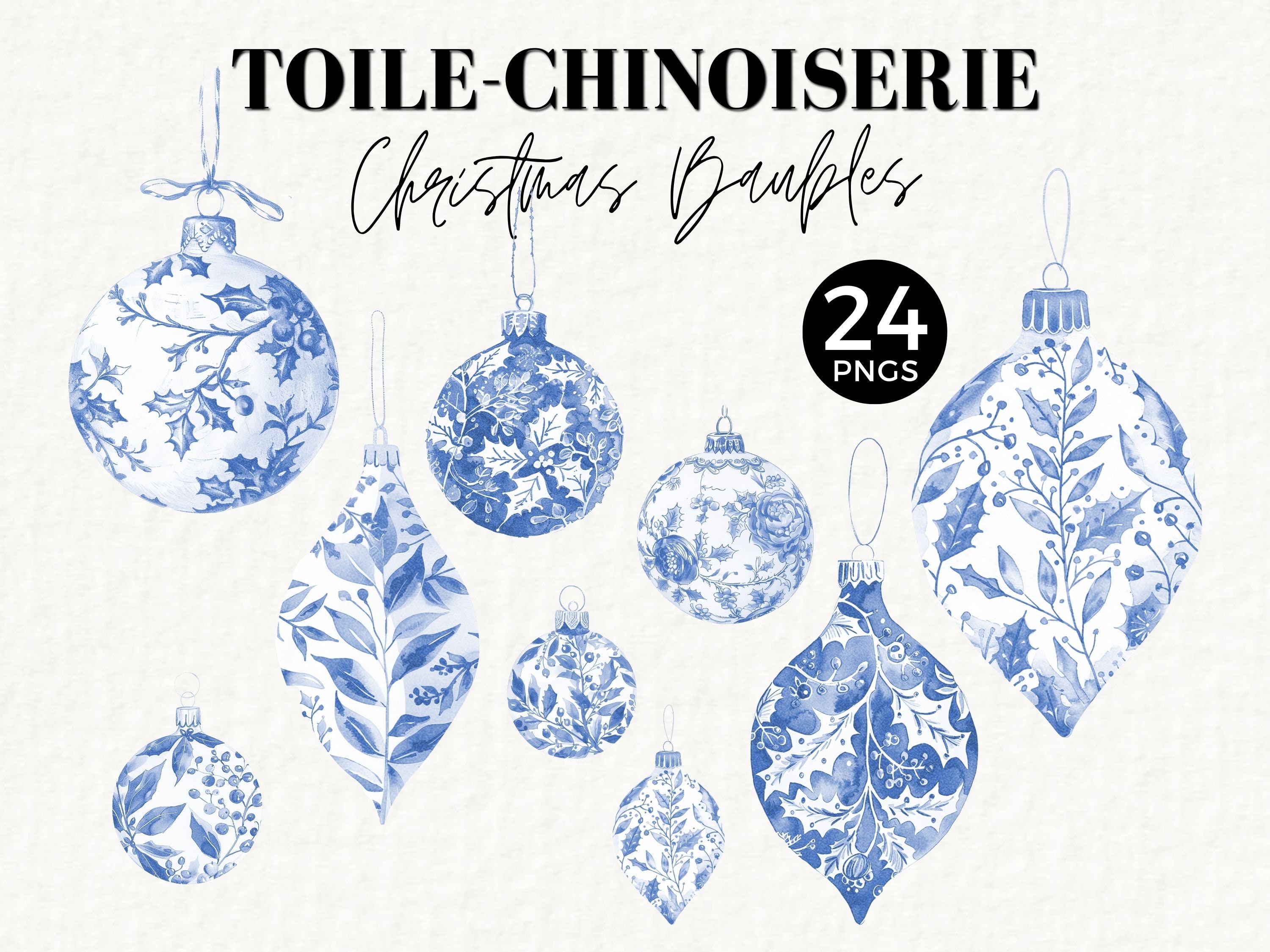 Christmas Toile Clipart, Blue Chinoiserie Baubles, Holiday Illustration ...