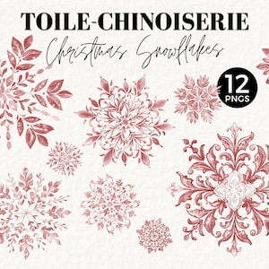 Clipart z toile świątecznego, czerwony płatek śniegu w stylu chinoiserie, sztuka etykiet na prezenty świąteczne, vintage, francuski toile de jouy, grafika z dziennika śmieci, 077SS