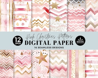 Seamless Pink Pattern Christmas Digital Papers, Retro Xmas, Gold, zigzag, Digital Background, JPG, Paper Crafts, Junk Journal, 045SS