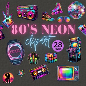 Clipart neon dos anos 80, bebê dos anos 80, PNG de uso comercial, tema de festa dos anos 80, design de camiseta, retrô, lumo, sublimação, fita cassete, arcade, 046SS