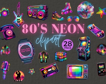 May include: A set of 28 neon-colored 80s themed clipart images. The images include a boombox, a cassette tape, a video game, a phone, a watch, a pair of sunglasses, a skateboard, a disco ball, a star, a Rubik's cube, a television, a gameboy, a microphone, a jacket, a guitar, a pair of roller skates, a pair of sneakers, and a couple standing in front of a sunset.