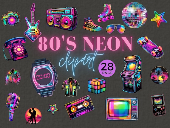 Neon 80S Clipart, 1980s Baby, Commercial Use PNG, 80S Party Theme, T-Shirt Design, Retro, Lumo, Sublimation, Cassette Tape, Arcade, 046SS