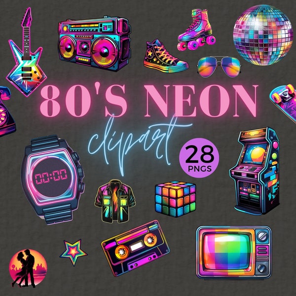 Neon 80S Clipart, 1980s Baby, Commercial Use PNG, 80S Party Theme, T-Shirt Design, Retro, Lumo, Sublimation, Cassette Tape, Arcade, 046SS