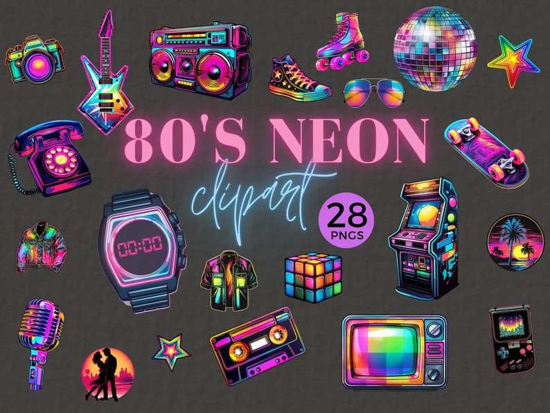 Puede incluir: Un conjunto de 28 im&aacute;genes de clipart con tem&aacute;tica de los 80 en colores ne&oacute;n. Las im&aacute;genes incluyen una radiograbadora, una cinta de casete, un videojuego, un tel&eacute;fono, un reloj, unas gafas de sol, una patineta, una bola de discoteca, una estrella, un cubo de Rubik, una televisi&oacute;n, una Game Boy, un micr&oacute;fono, una chaqueta, una guitarra, un par de patines, un par de zapatillas y una pareja de pie frente a una puesta de sol.