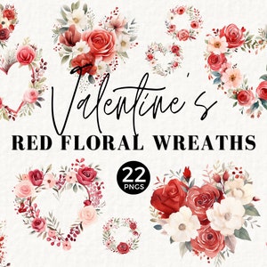 Clipart de coroa de coração de rosa vermelha, moldura floral em aquarela, buquê de dia dos namorados PNG, chá de panela, papelaria de casamento, uso comercial, 060SS
