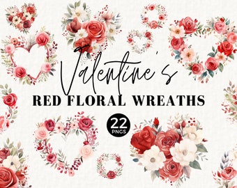 Rote Rose Herz Kranz Clipart, Aquarell Blumenrahmen, Valentinsstrauß PNG, Brautparty, Hochzeit Briefpapier, kommerzielle Nutzung, 060SS