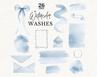 Dusty Blue Watercolor Washes PNG, Wedding Clipart Kit, Invitation Backgrounds, Soft Blue Design Elements, Commercial Use, 101SS