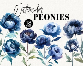 Peony Floral Clipart Watercolor Flowers, Navy, Dusty Blue, Floral Border, Wedding Stationery, Baby Shower Decor, Digital Clipart PNG, 025SS