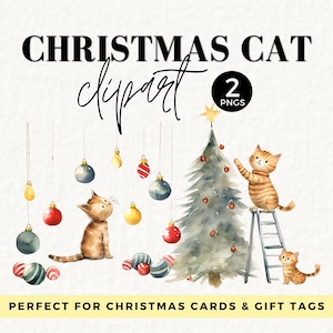 Aquarelle de chat de Noël PNG, conception de T-shirt chat drôle, chat espiègle, boules, chaton, chat roux, miaou de Noël, étiquette cadeau pour amoureux des chats, 044SS
