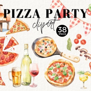 Pizza Party Clipart, Rebanada de pizza, Coberturas de pizza, Chef italiano, Decoración Gingham, Comida de fiesta, Uso comercial, Noche de pizza, Vino, Vino, 033SS