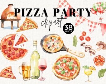 Pizza Party Clipart, Pizza Slice, Pizza Toppings, Italian Chef, Gingham Decor, Party Food, Commercial Use, Pizza Night, Wine, Vino, 033SS