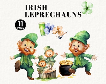 Kobold Clipart, St. Patricks Tag PNG, Goldtopf, Regenbogen vierblättriges Kleeblatt, grünes Bier, niedliche Anhänger Illustration, druckbar, 063SS