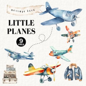 Luftfahrt Clipart Bundle, niedliche Vintage Flugzeuge, Skyschreiben Flugzeug mit Banner, fliegende Clipart, Spielzeugflugzeug PNG, Pilot, altmodisch 067SS