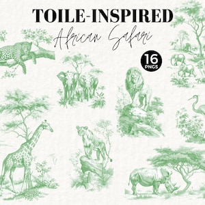 Grüne Toile Clipart, Safari-Szenen, Toile De Jouy PNG, Chinoiserie, Aquarell, Dschungel, Kommerzielle Nutzung, Vintage, Kinderzimmer, Babyparty 076SS
